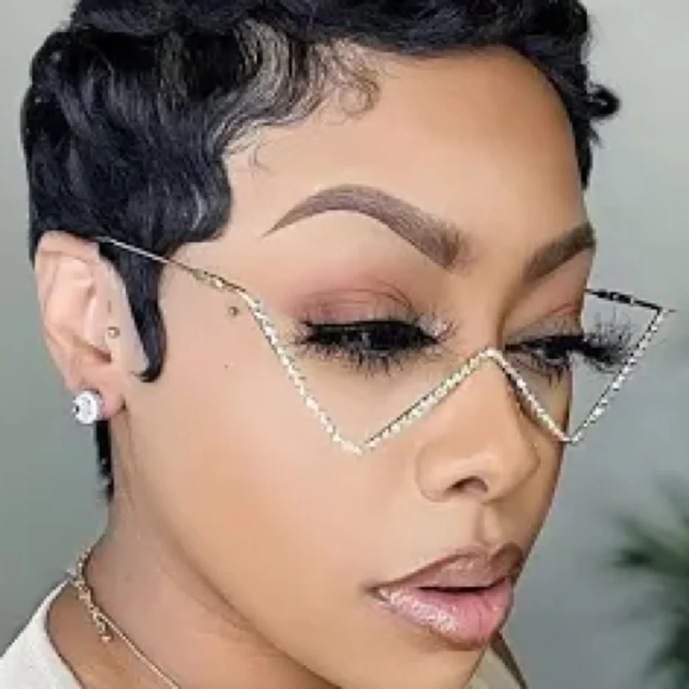 🌹W shaped Crystal-Embellished Silver Tone Rimless Sunglasses